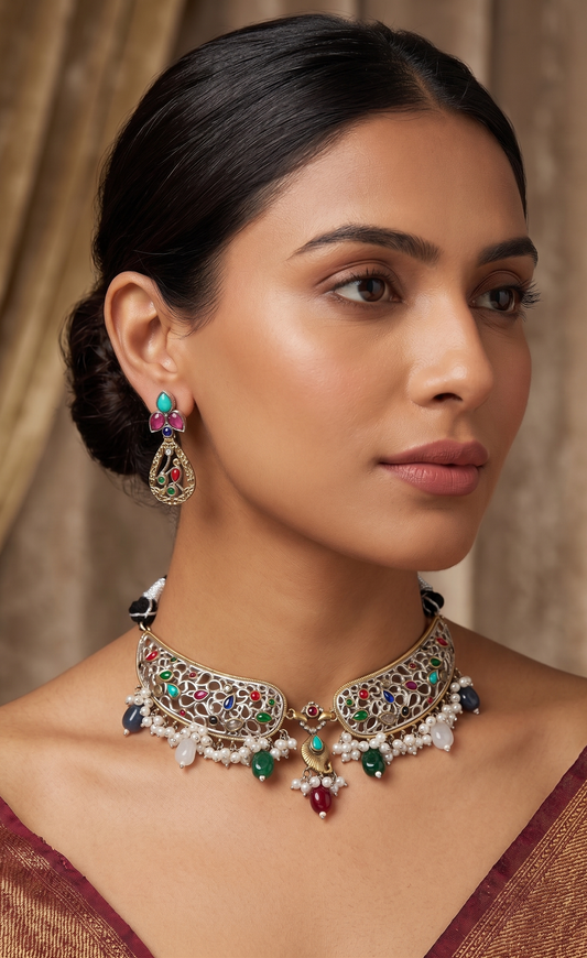 Vibrant Heritage Multi-Stone Oxidized Silver Hasli Necklace Set with Drop Earrings