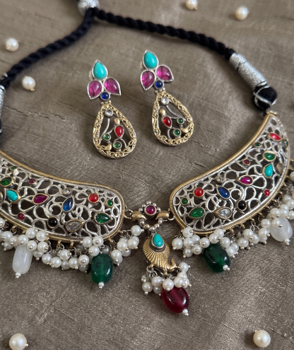 Vibrant Heritage Multi-Stone Oxidized Silver Hasli Necklace Set with Drop Earrings