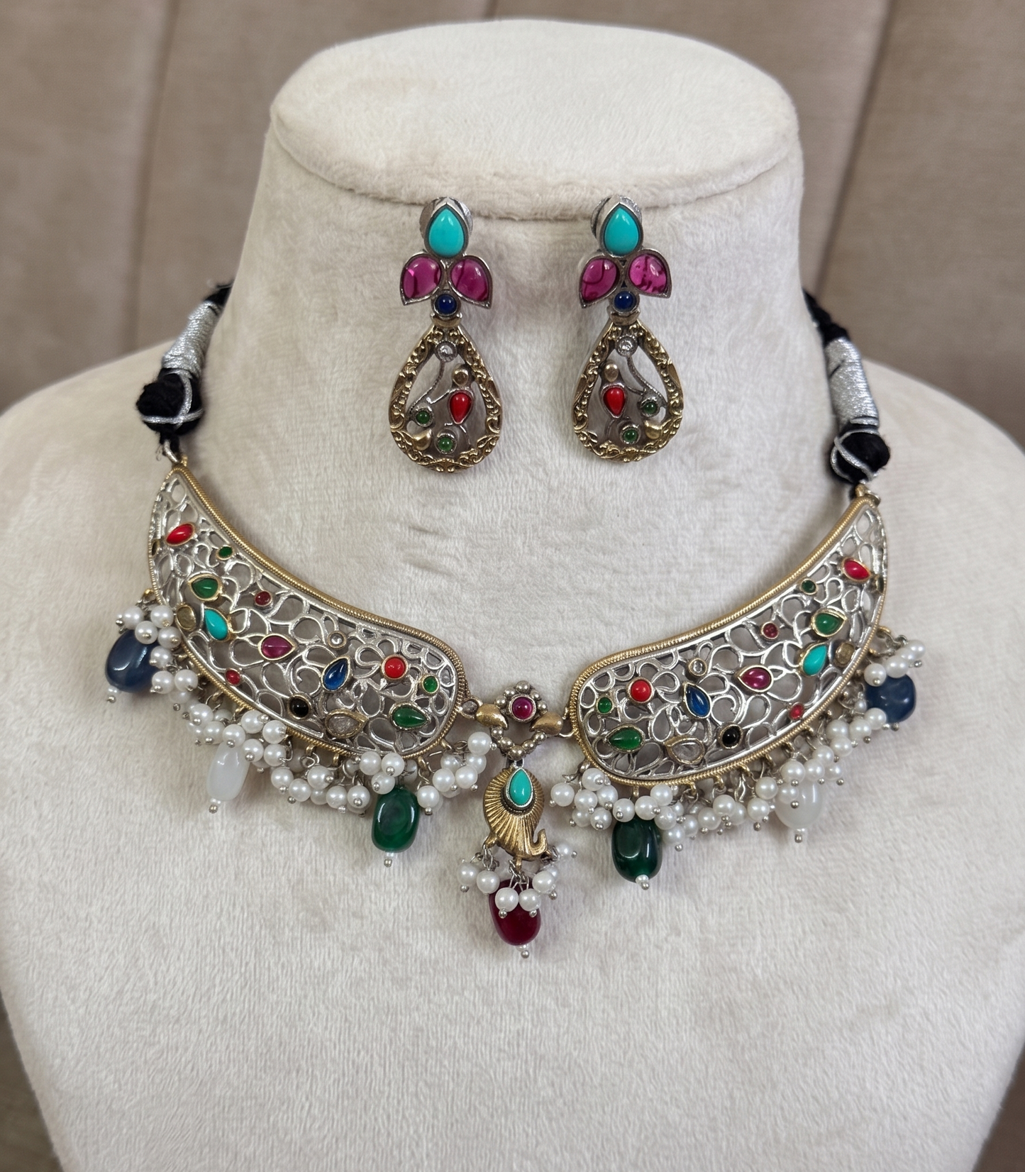 Vibrant Heritage Multi-Stone Oxidized Silver Hasli Necklace Set with Drop Earrings