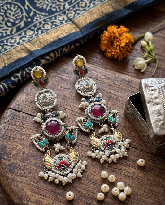 Heritage Afghan-Style Multicolour Long  Earrings with Pearl Droplets