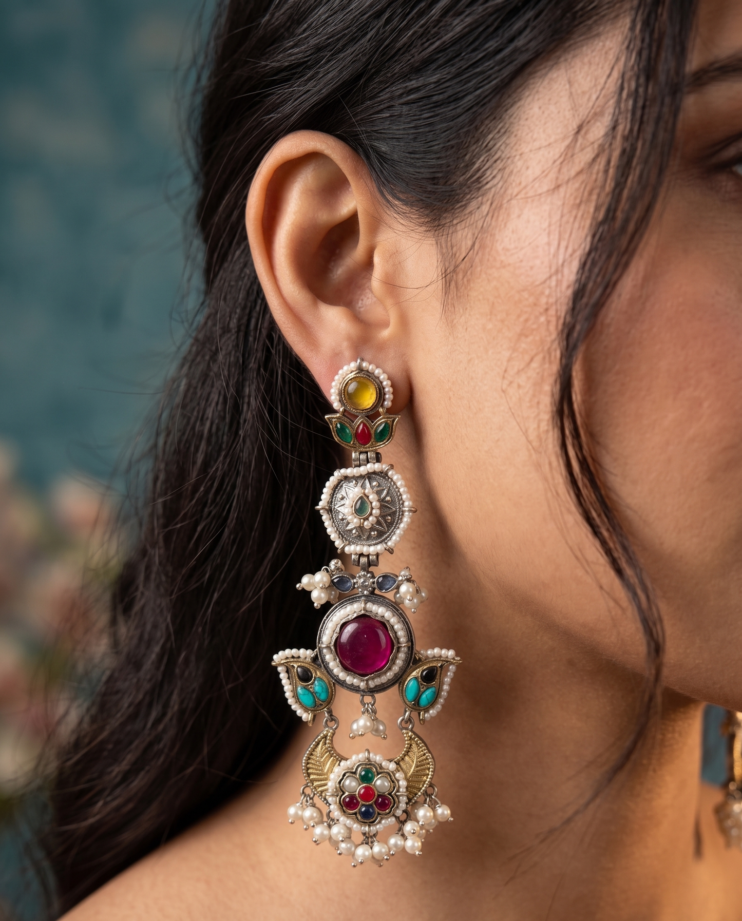 Heritage Afghan-Style Multicolour Long  Earrings with Pearl Droplets