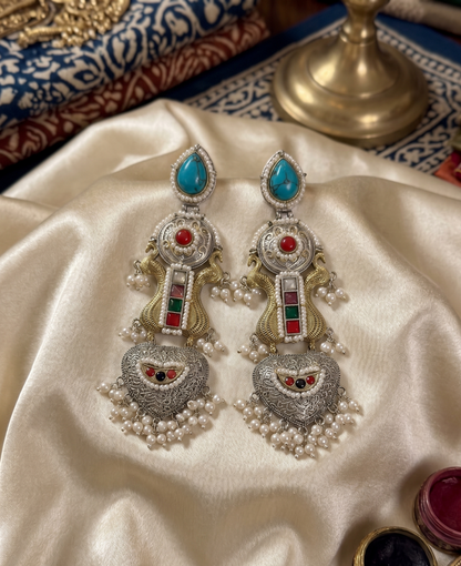 Heritage Fusion Silver & Gold Dual-Tone Long Earrings with Turquoise and Pearl Hangings