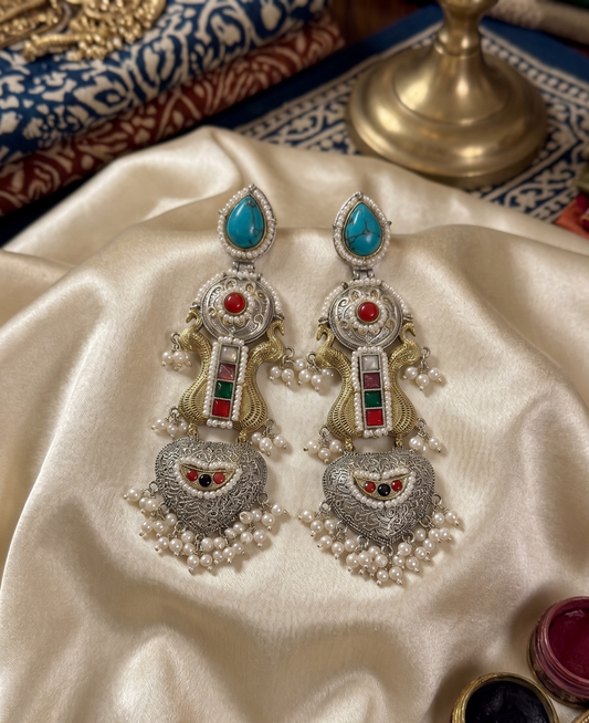 Heritage Fusion Silver & Gold Dual-Tone Long Earrings with Turquoise and Pearl Hangings
