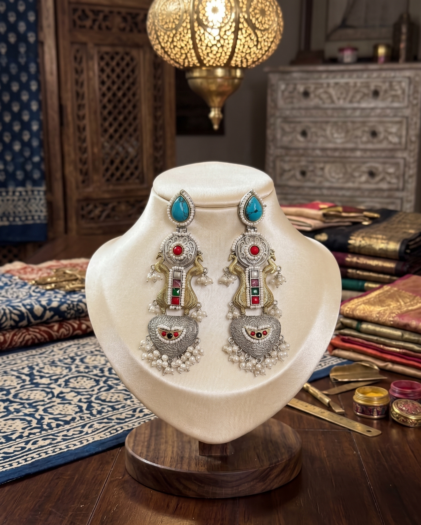 Heritage Fusion Silver & Gold Dual-Tone Long Earrings with Turquoise and Pearl Hangings