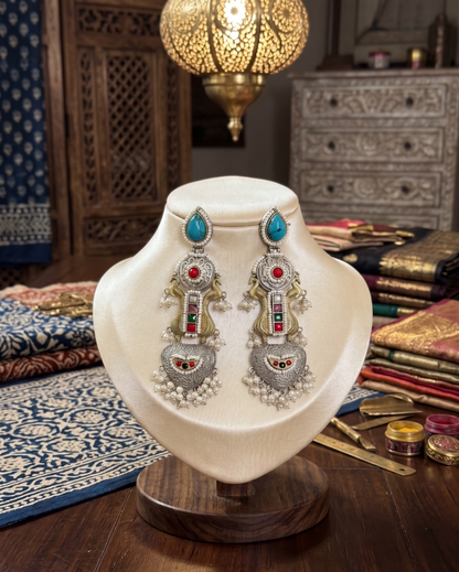 Heritage Fusion Silver & Gold Dual-Tone Long Earrings with Turquoise and Pearl Hangings