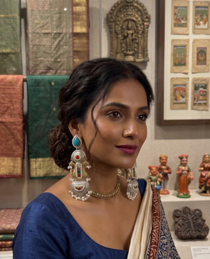 Heritage Fusion Silver & Gold Dual-Tone Long Earrings with Turquoise and Pearl Hangings