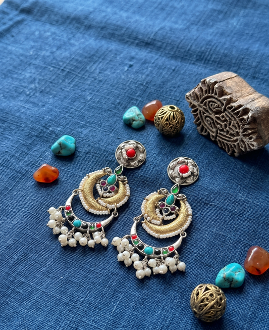 Handcrafted Heritage Dual-Tone Chandbali Earrings with Multi-Color Stones and Pearl Drops
