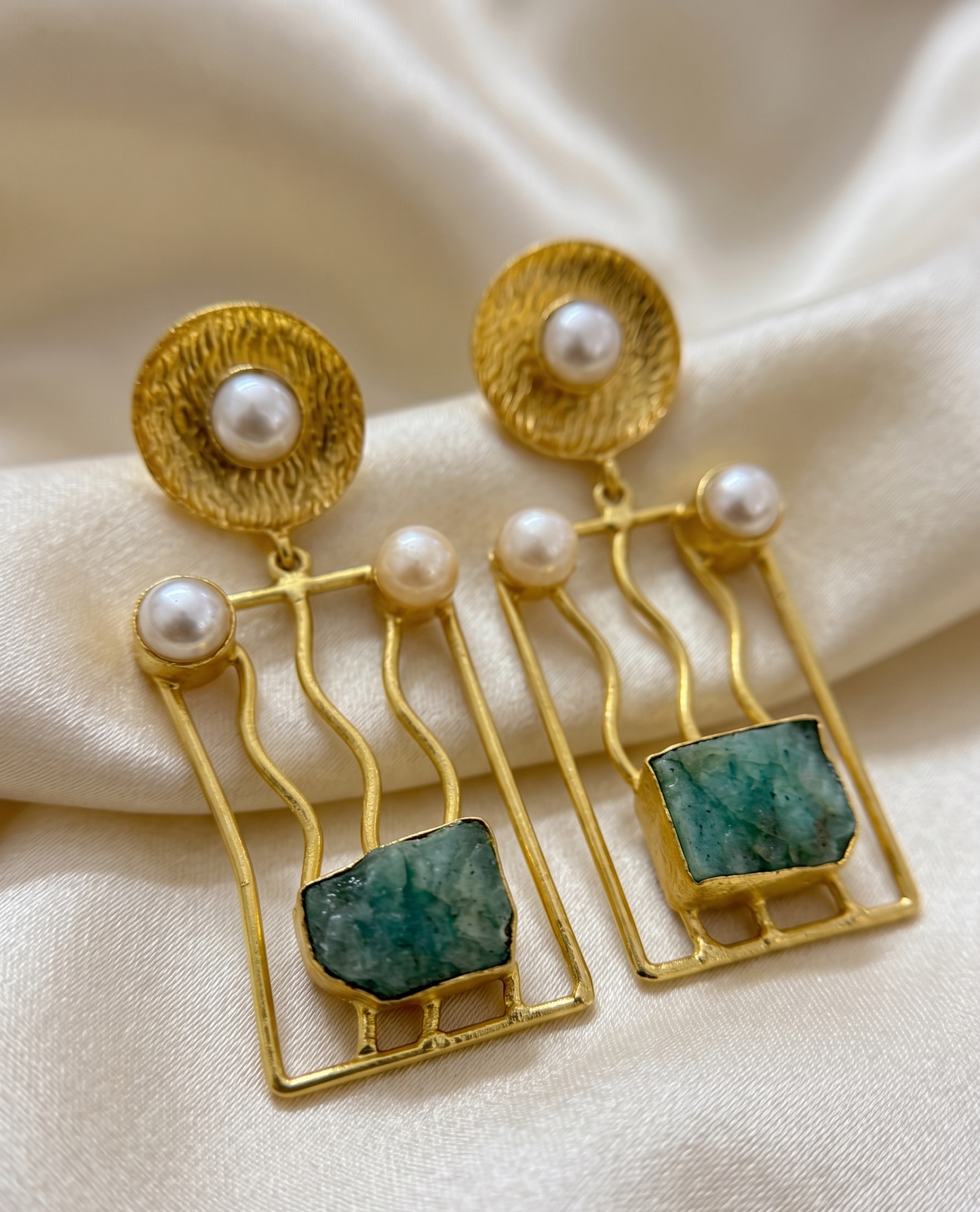 Handcrafted Brass Rectangle Drop Earrings with Natural Uncut Stones and Pearl Accents