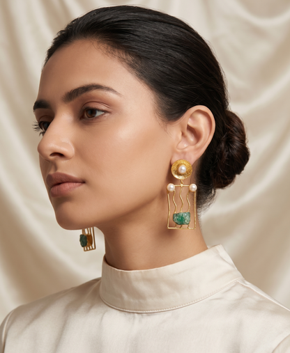 Handcrafted Brass Rectangle Drop Earrings with Natural Uncut Stones and Pearl Accents