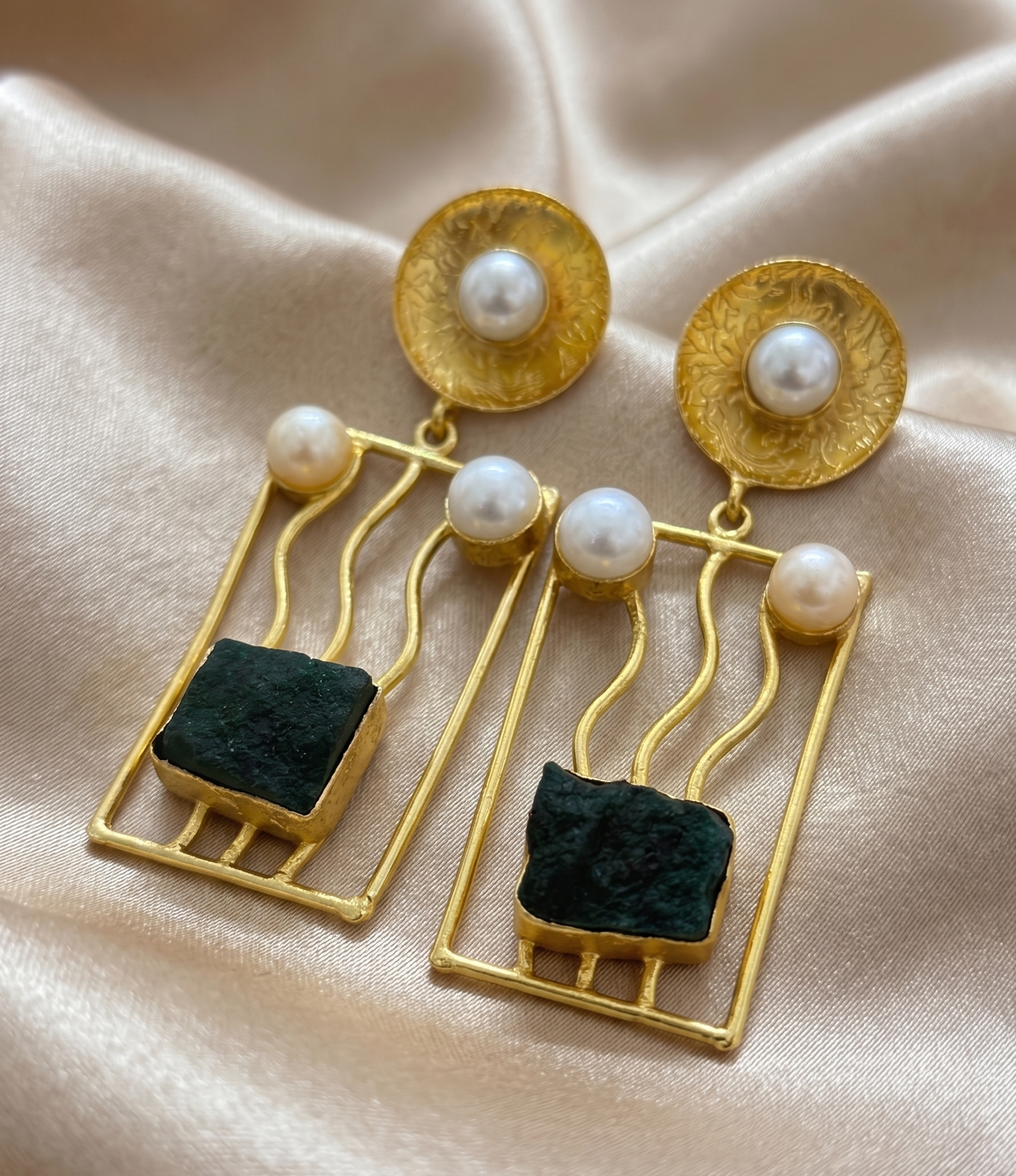Handcrafted Brass Rectangle Drop Earrings with Natural Uncut Stones and Pearl Accents
