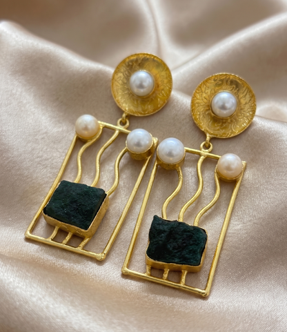 Handcrafted Brass Rectangle Drop Earrings with Natural Uncut Stones and Pearl Accents