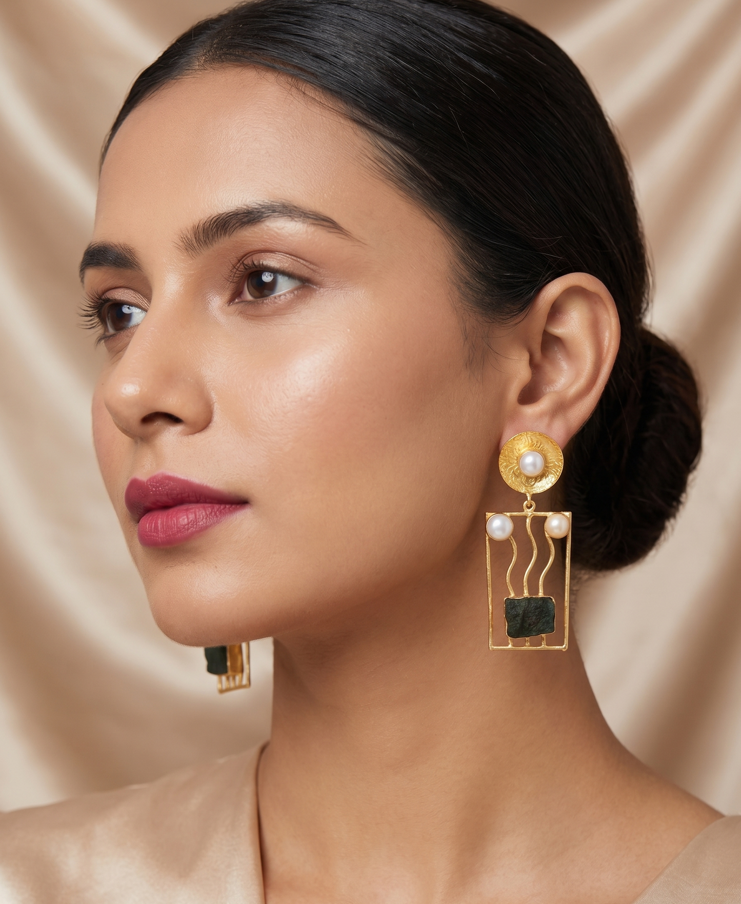 Handcrafted Brass Rectangle Drop Earrings with Natural Uncut Stones and Pearl Accents