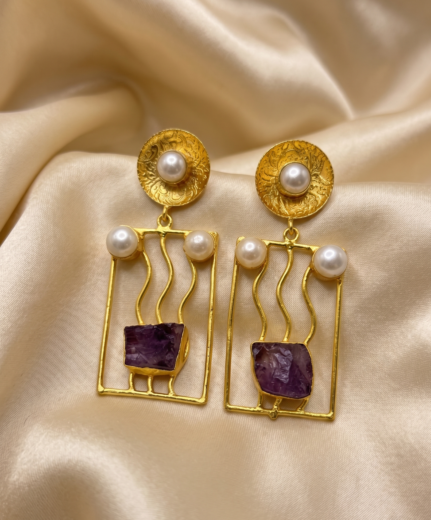 Handcrafted Brass Rectangle Drop Earrings with Natural Uncut Stones and Pearl Accents