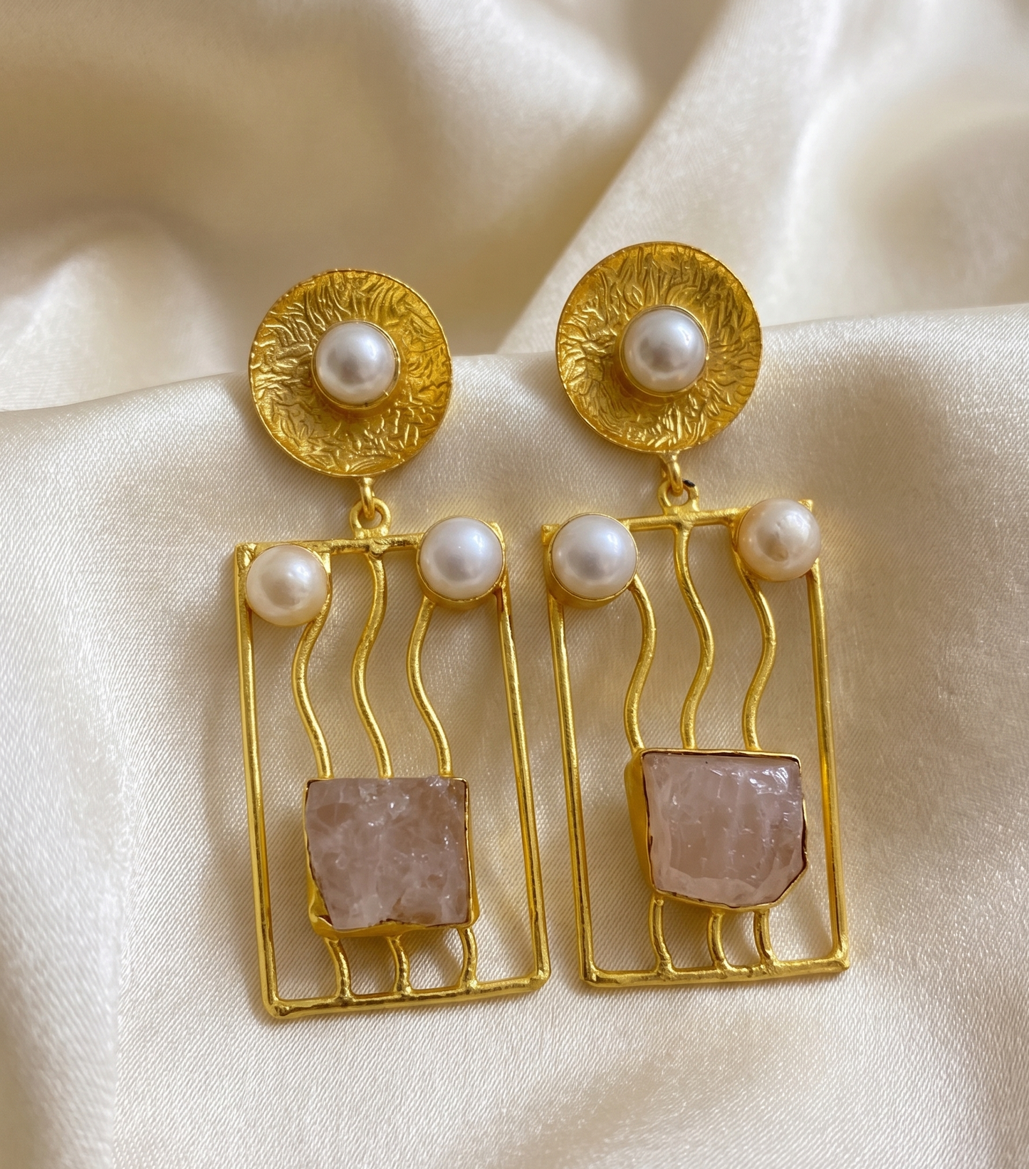 Handcrafted Brass Rectangle Drop Earrings with Natural Uncut Stones and Pearl Accents