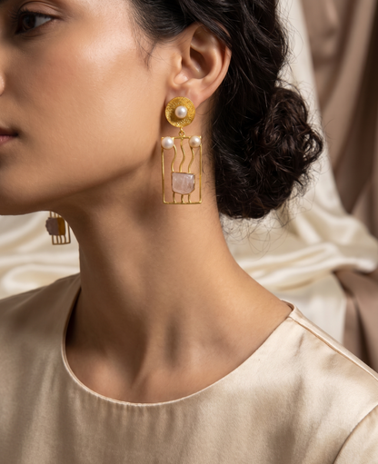 Handcrafted Brass Rectangle Drop Earrings with Natural Uncut Stones and Pearl Accents