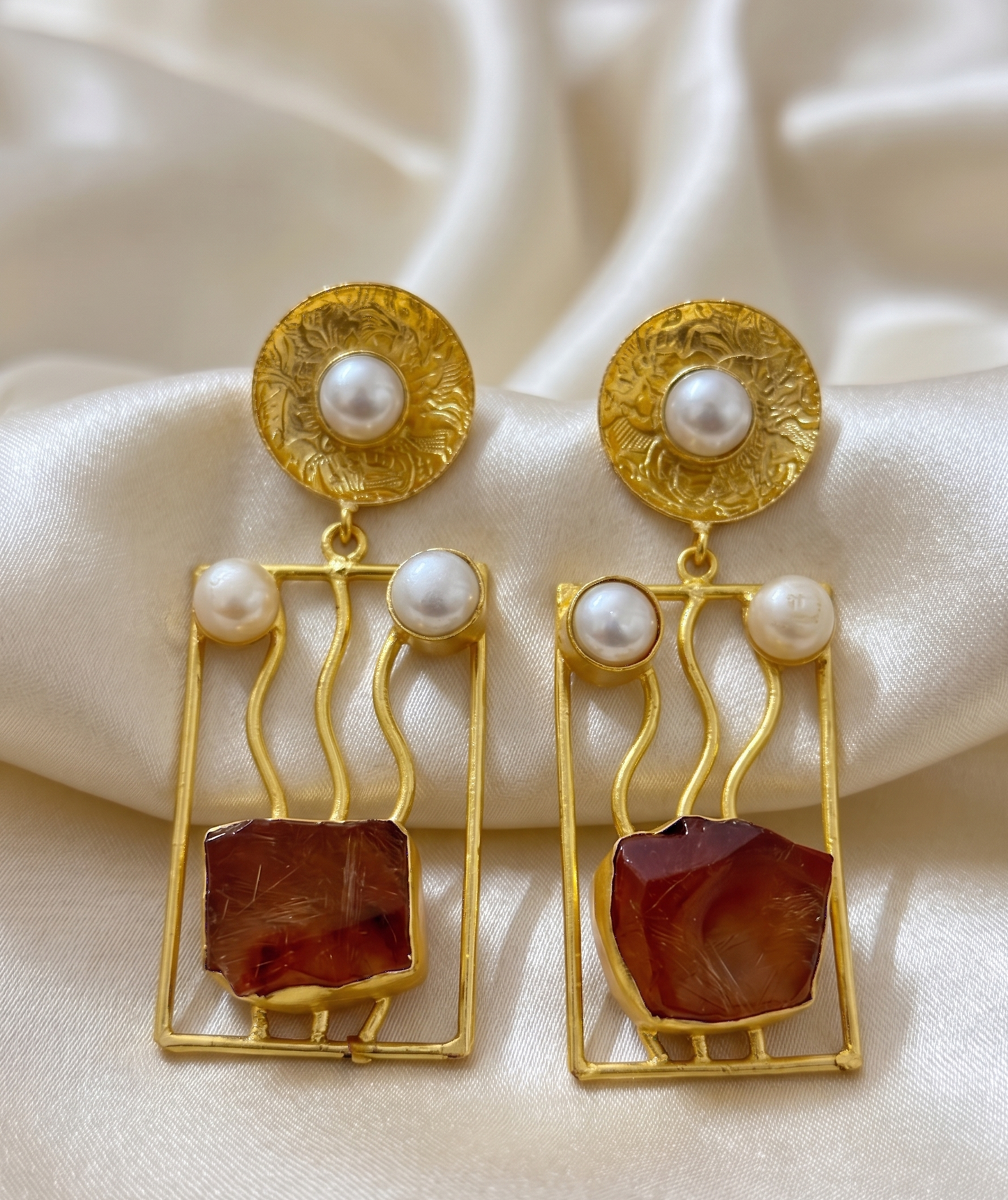 Handcrafted Brass Rectangle Drop Earrings with Natural Uncut Stones and Pearl Accents