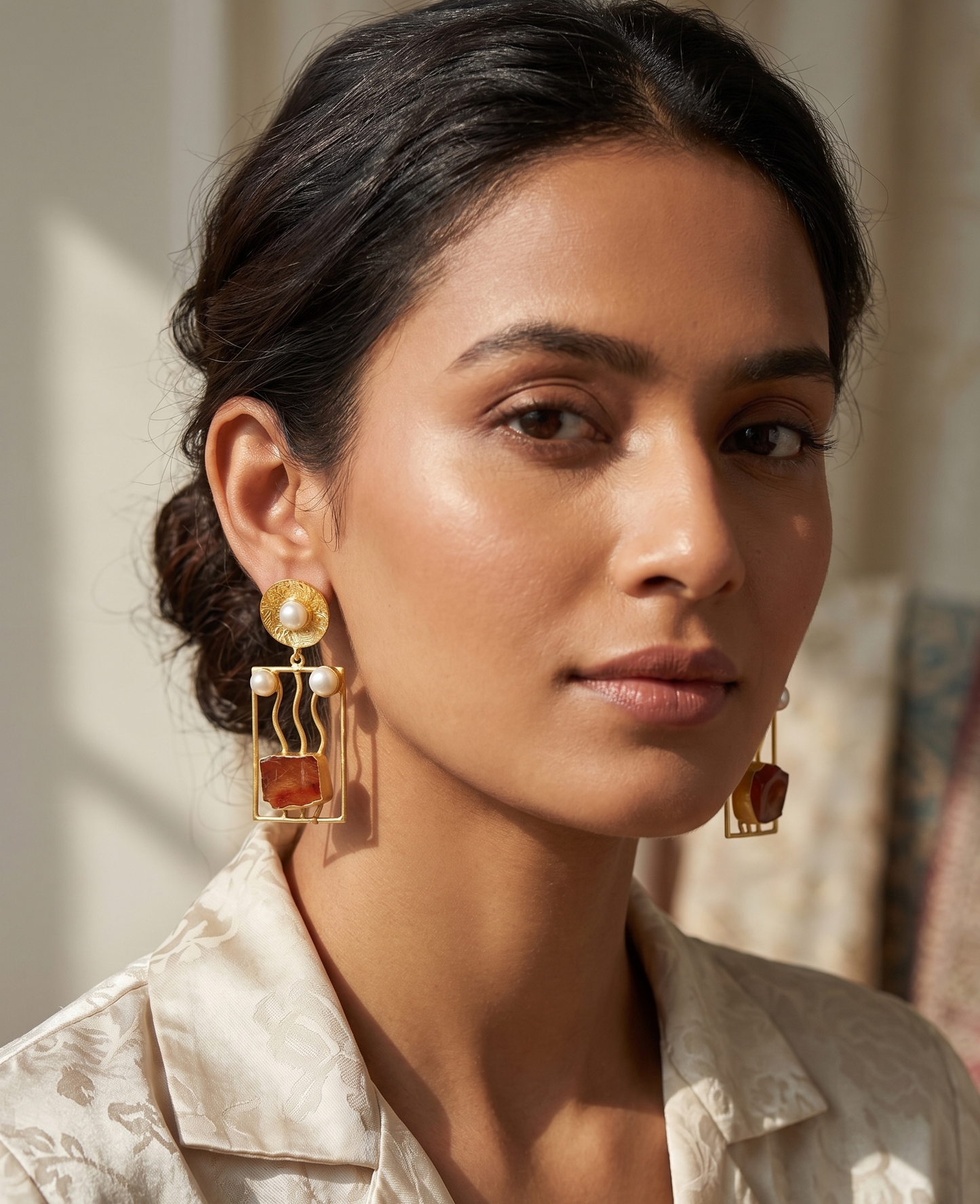 Handcrafted Brass Rectangle Drop Earrings with Natural Uncut Stones and Pearl Accents