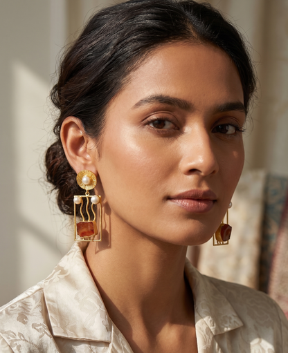 Handcrafted Brass Rectangle Drop Earrings with Natural Uncut Stones and Pearl Accents