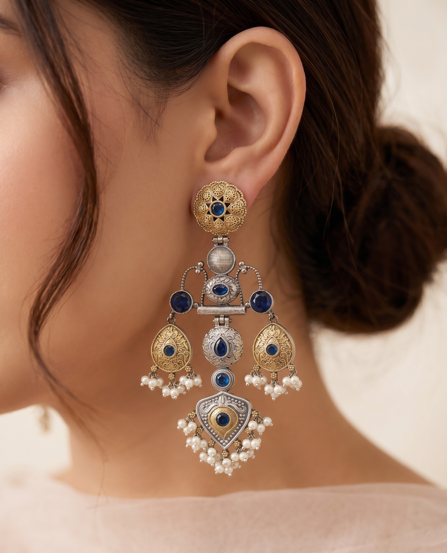Heritage Dual-Tone Brass Jhumka Earrings with Stones & Pearl Droplets