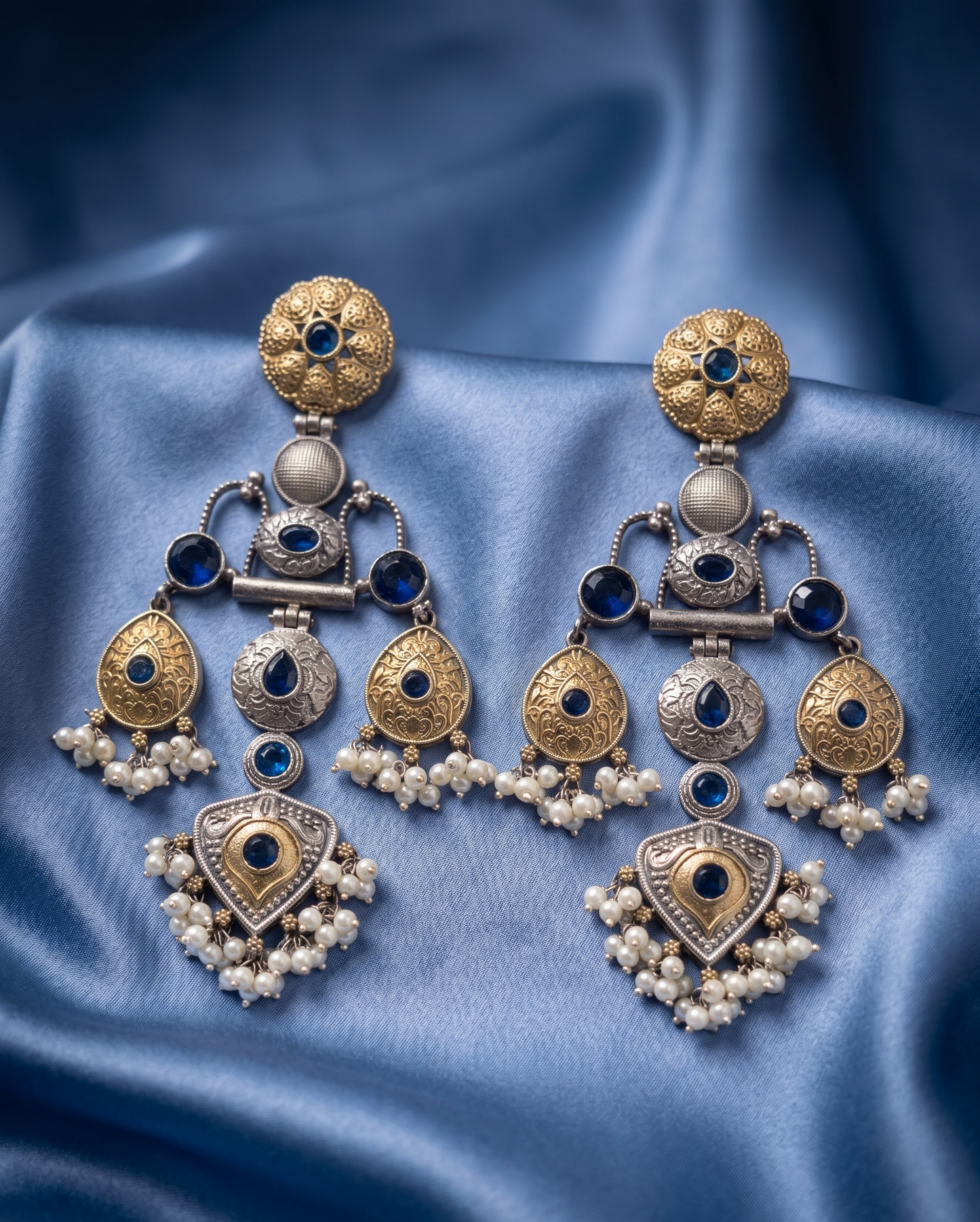 Heritage Dual-Tone Brass Jhumka Earrings with Stones & Pearl Droplets