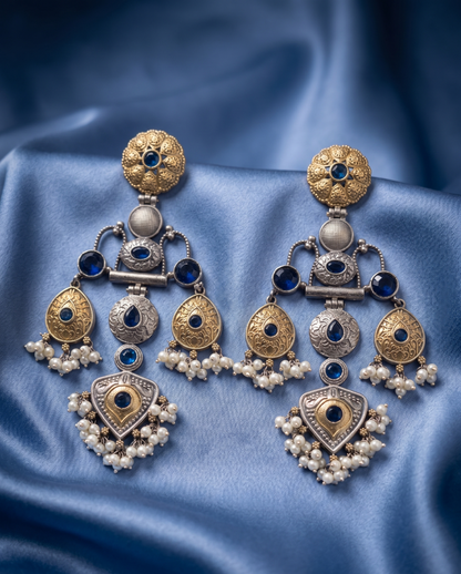 Heritage Dual-Tone Brass Jhumka Earrings with Stones & Pearl Droplets