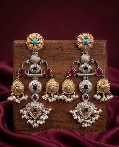 Heritage Dual-Tone Brass Jhumka Earrings with Stones & Pearl Droplets