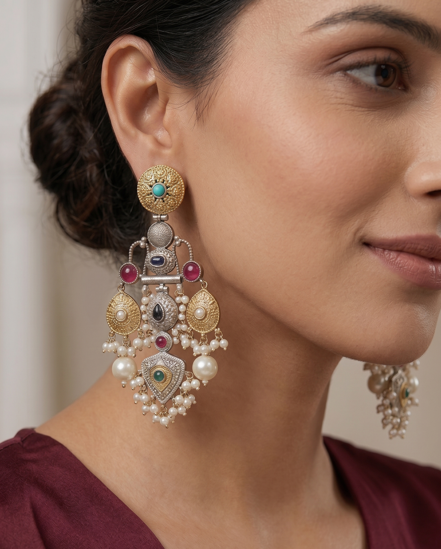 Heritage Dual-Tone Brass Jhumka Earrings with Stones & Pearl Droplets