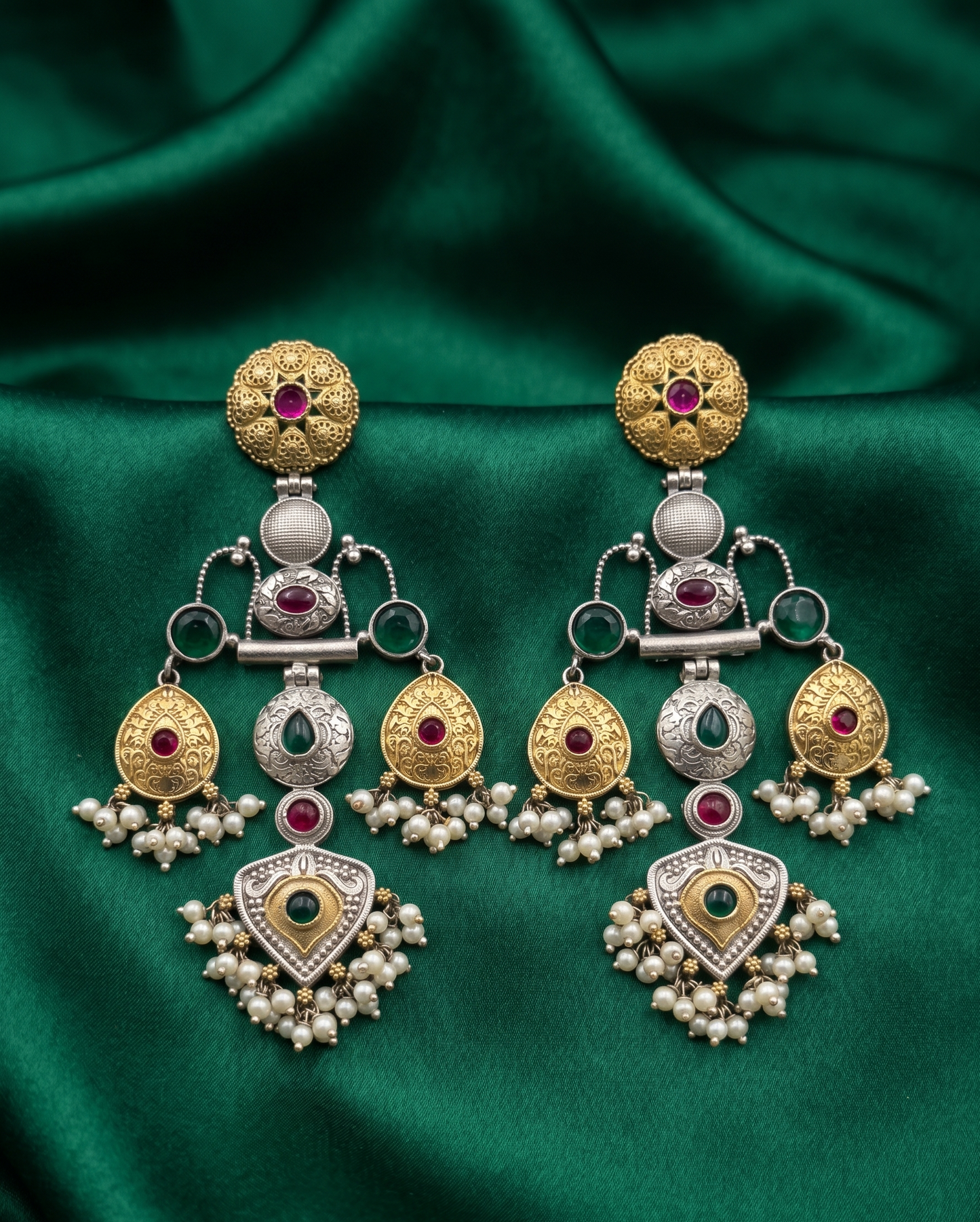 Heritage Dual-Tone Brass Jhumka Earrings with Stones & Pearl Droplets