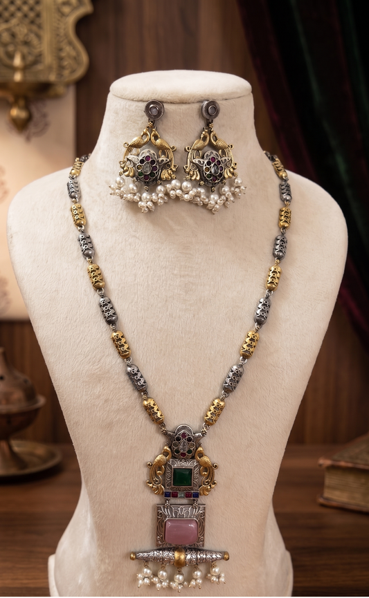 Dual-Tone Antique Peacock Necklace Set with Kemp Stones & Seed Pearl Clusters