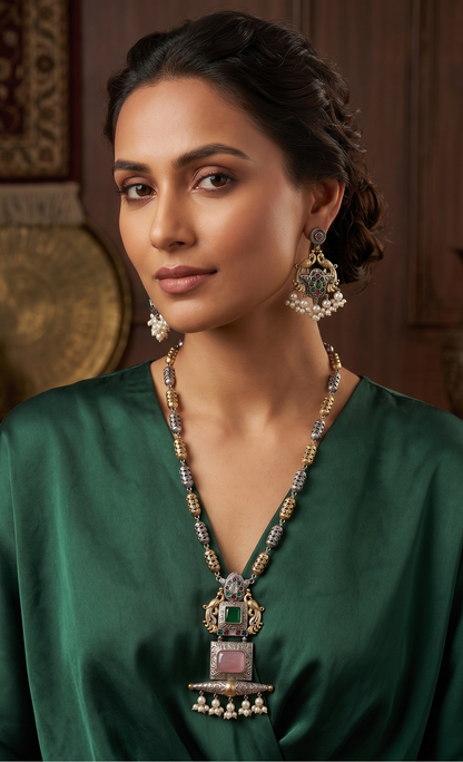 Dual-Tone Antique Peacock Necklace Set with Kemp Stones & Seed Pearl Clusters
