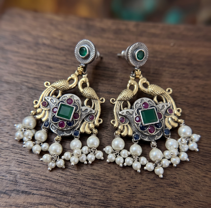 Dual-Tone Antique Peacock Necklace Set with Kemp Stones & Seed Pearl Clusters