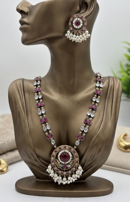 Heritage Ruby & Kundan Polki Long Necklace Set with Pearl Clusters