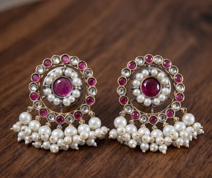 Heritage Ruby & Kundan Polki Long Necklace Set with Pearl Clusters