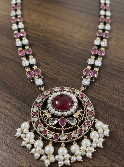 Heritage Ruby & Kundan Polki Long Necklace Set with Pearl Clusters