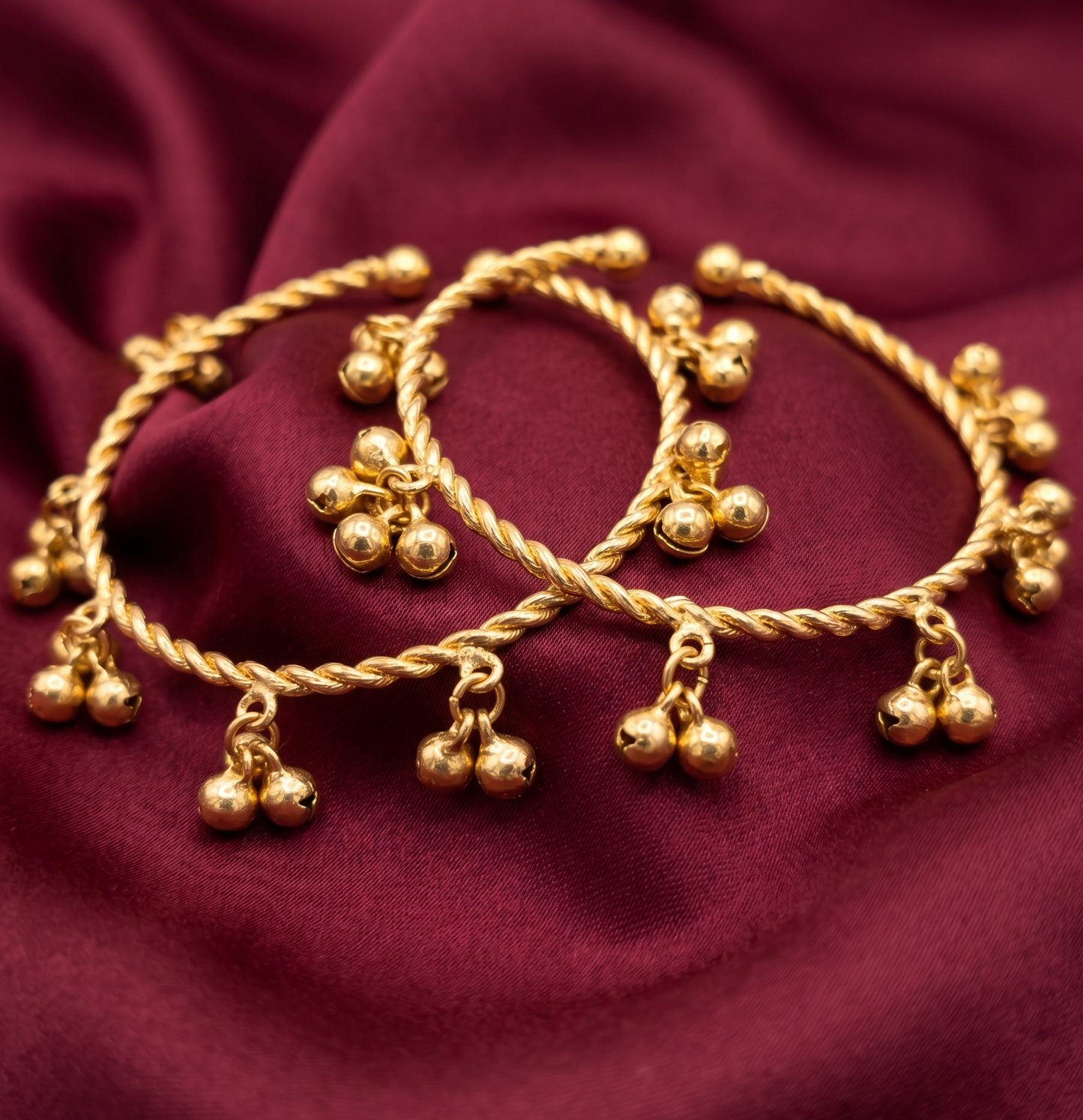 Kashmiri Heritage Ghungroo Brass Bangle Set of 2 – Handcrafted Gold-Toned Twisted Kada with Musical Charms