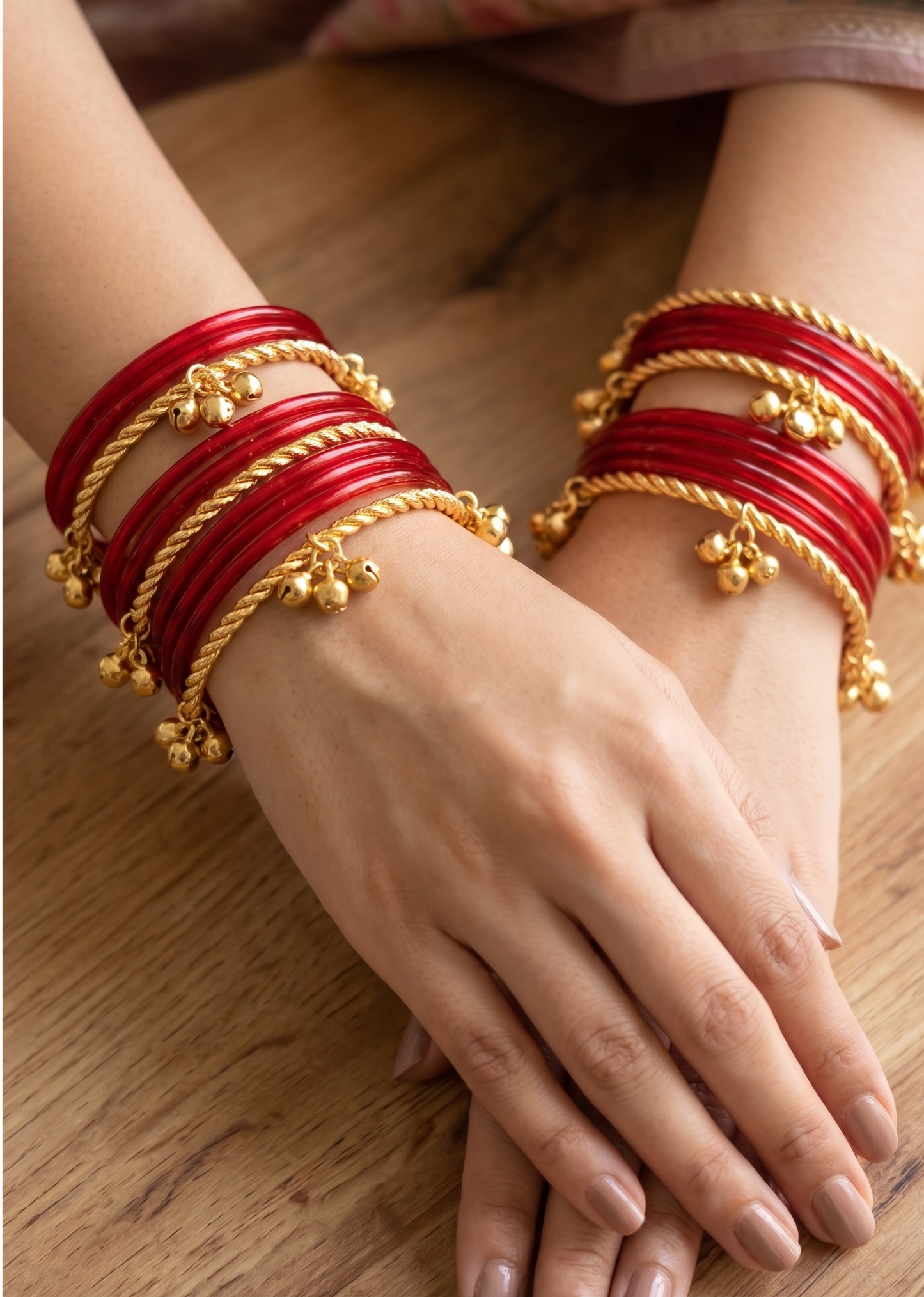 Kashmiri Heritage Ghungroo Brass Bangle Set of 2 – Handcrafted Gold-Toned Twisted Kada with Musical Charms