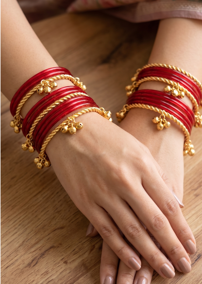 Kashmiri Heritage Ghungroo Brass Bangle Set of 2 – Handcrafted Gold-Toned Twisted Kada with Musical Charms