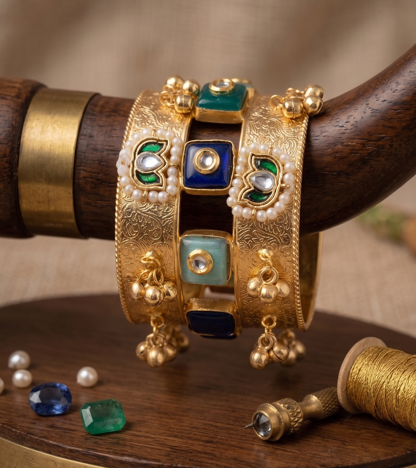 Royal Heritage Brass Broad Kada – Intricate Hand-Engraved Openable Bangle with Meenakari Work & Ghungroo Accents