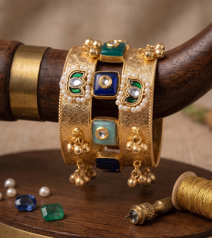 Royal Heritage Brass Broad Kada – Intricate Hand-Engraved Openable Bangle with Meenakari Work & Ghungroo Accents