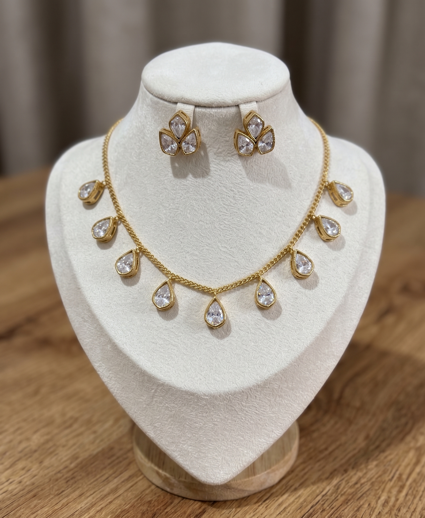 Exquisite Moissanite Teardrop Necklace Set with Matching Studs – Gold Plated Heritage Jewelry