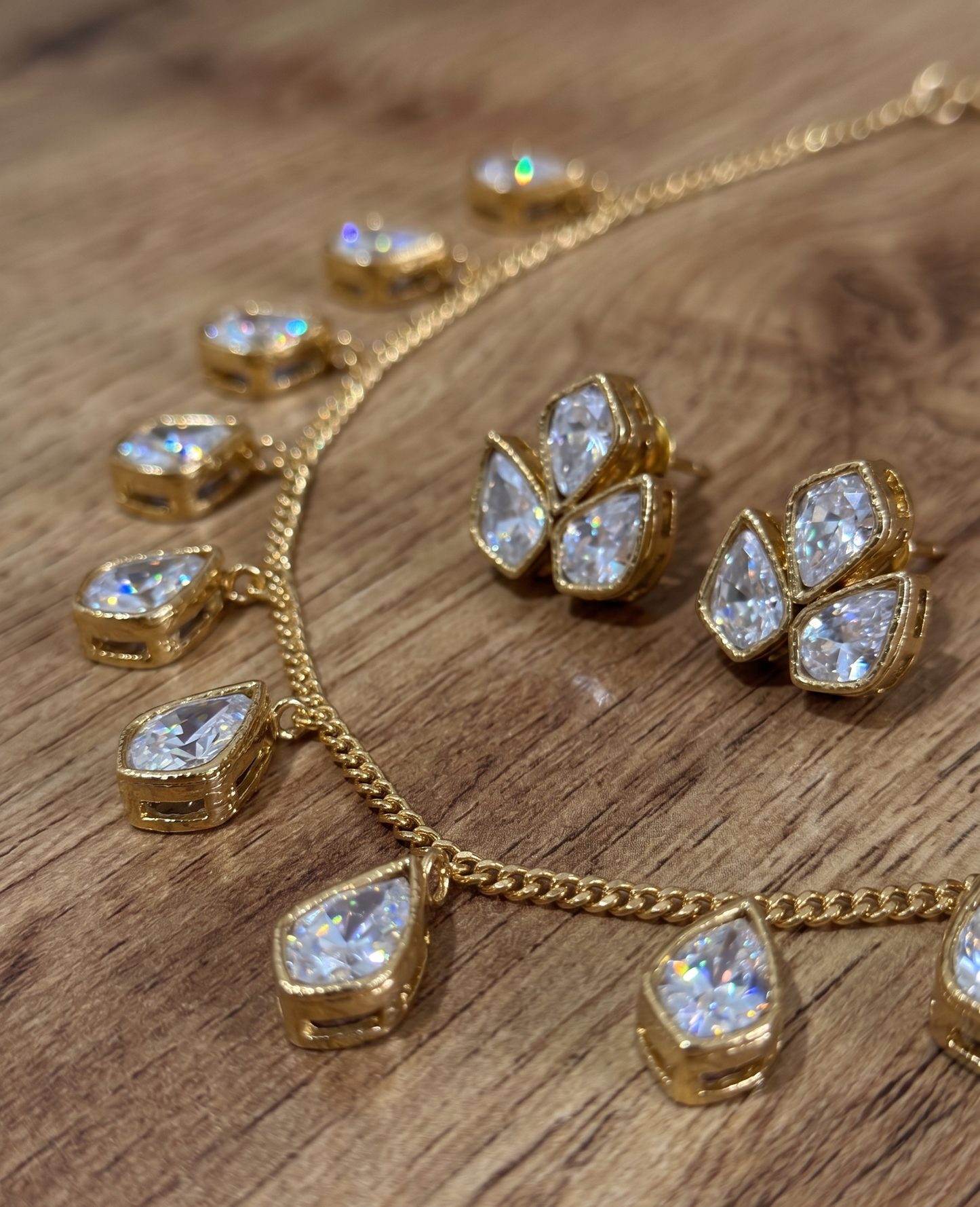 Exquisite Moissanite Teardrop Necklace Set with Matching Studs – Gold Plated Heritage Jewelry