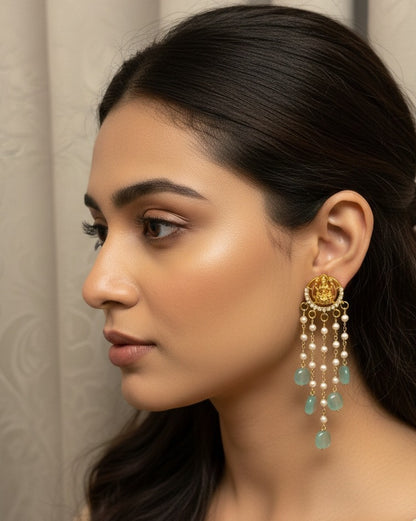 Gold-Plated Lakshmi Temple Earrings with Multi-Strand Pearls and Drops
