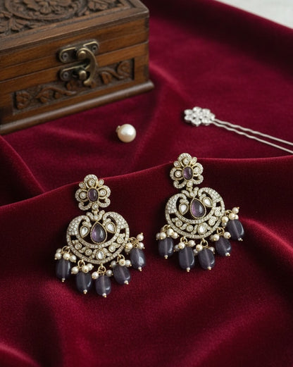 Victorian Lavender Purple Chandbali Earrings with Polki & Pearl Drops