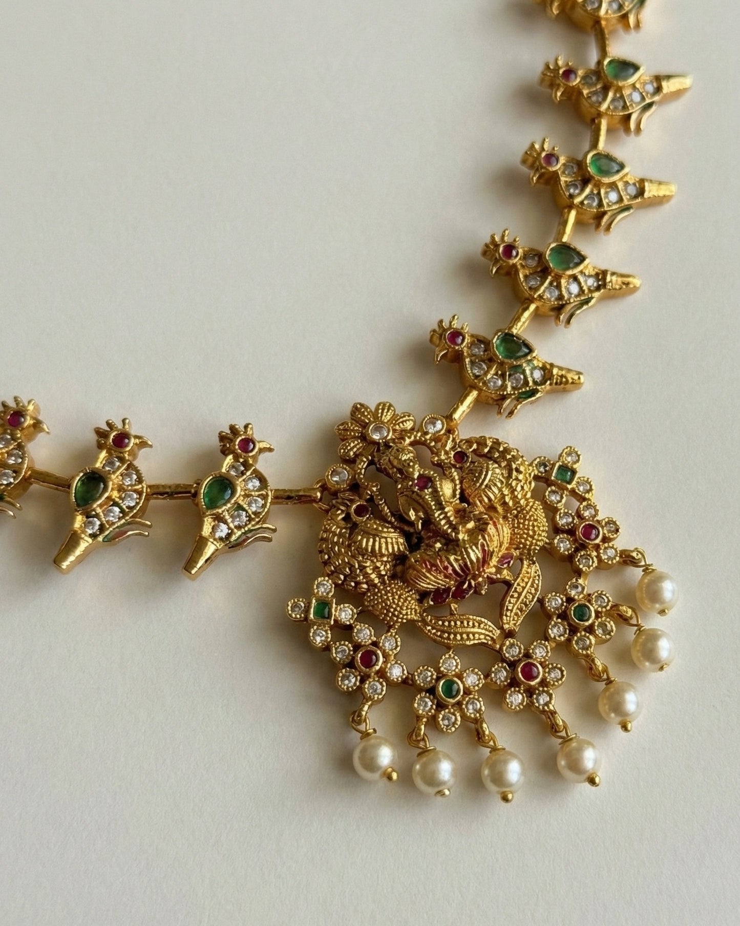 Antique Matte Gold Plated Lakshmi Temple Necklace Set with Stylized Bird Motifs & Pearl Drops