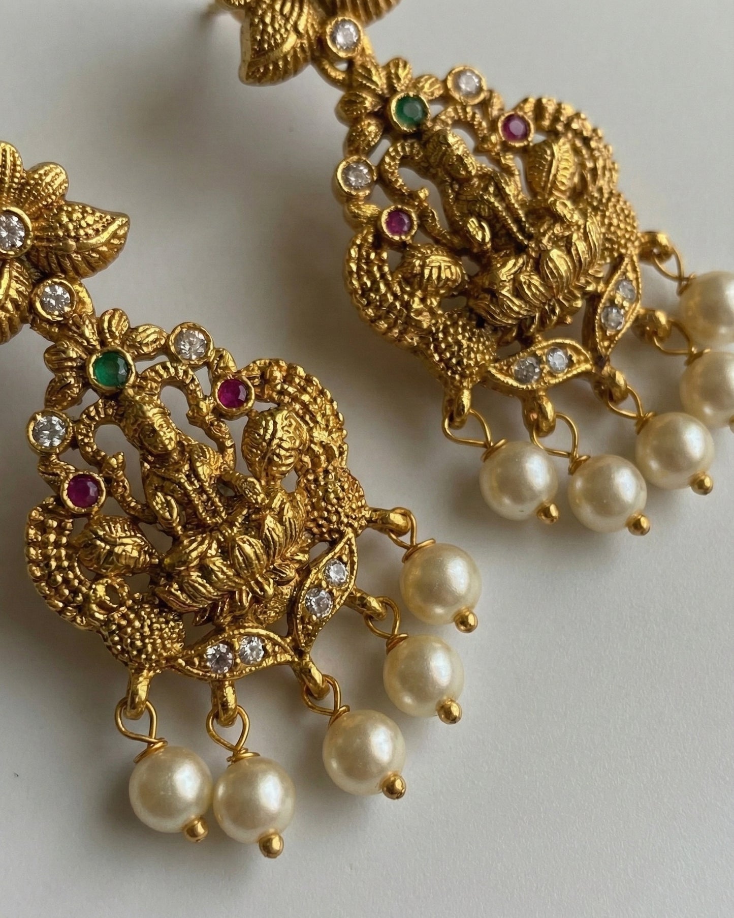 Antique Matte Gold Plated Lakshmi Temple Necklace Set with Stylized Bird Motifs & Pearl Drops