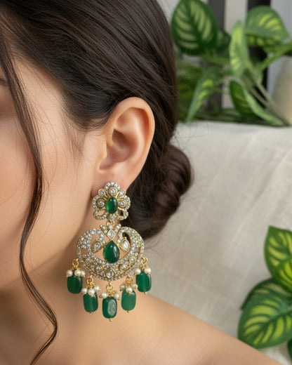 Victorian Emerald Green Chandbali Earrings with Polki & Pearl Accents