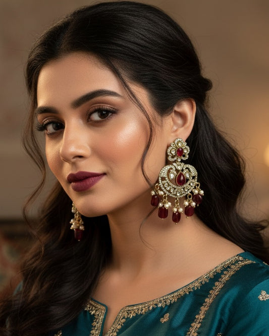 Victorian Ruby Red Chandbali Earrings with Polki and Pearl Drops