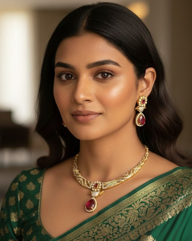 Gold-Plated Designer Wave Choker with Ruby Pink Teardrop Pendant & Matching Earrings