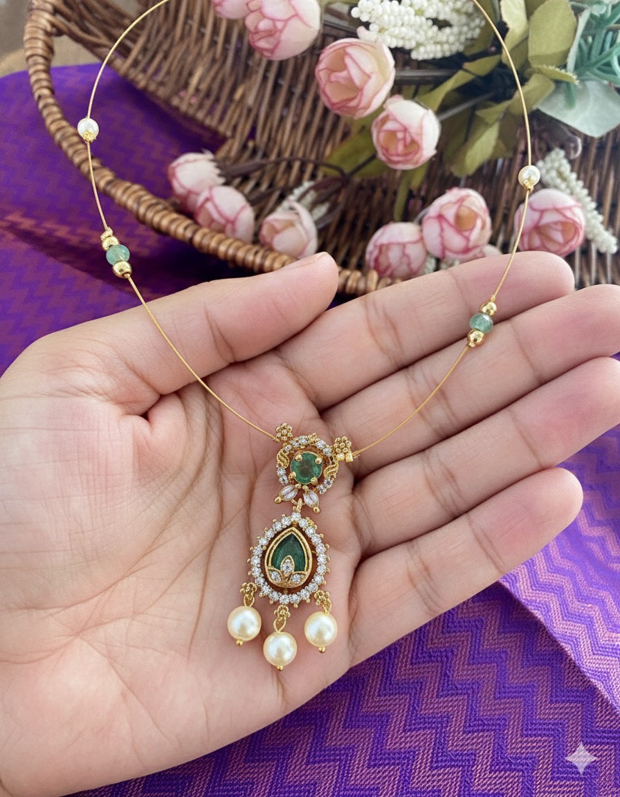 Mint Green Two-Tiered Floating Necklace – Invisible Gold Wire Choker with Pearl Dangles