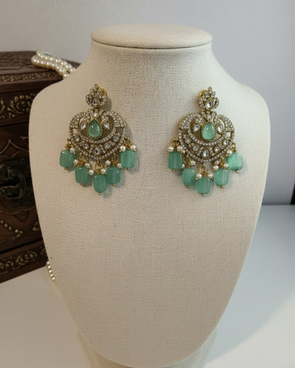 Victorian Mint Green Chandbali Earrings with Polki & Pearl Drops